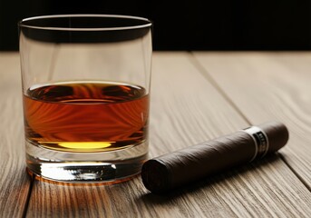 Glass of whiskey and a cigar on a wooden table, representing luxury and relaxation