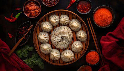 Chinese dumplings (jiaozi) arranged on a table for a festive Lunar New Year meal.