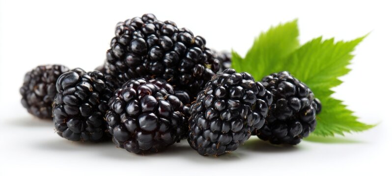 The Blackberries Close-up Fresh Ripe Organic Fruit with Leaves on White Background - Powered by Adobe
