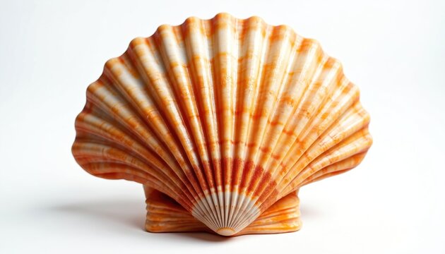 Close up photo of orange scallop shell isolated on white background. Detailed textures seen. Perfect for design art ocean theme beach design concept.