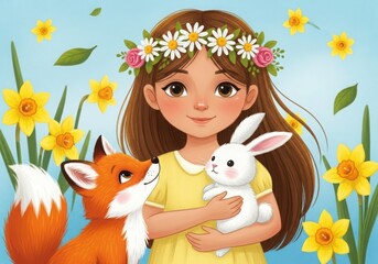 Illustration of a happy girl with a flower crown holding a bunny, surrounded by daffodils