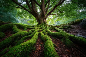 Fototapeta premium Majestic tree with mossy roots in serene forest