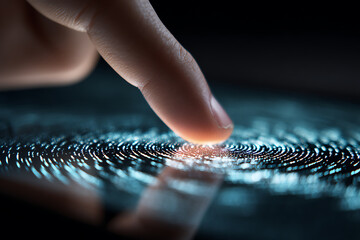 Finger touching a glowing digital surface with rippling light effects