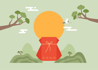 Vector illustrations of Korean traditional lucky bag and landscape.