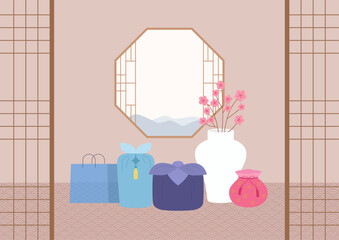 Traditional Korean Gifts and Spring Blossoms in a Hanok Interior.