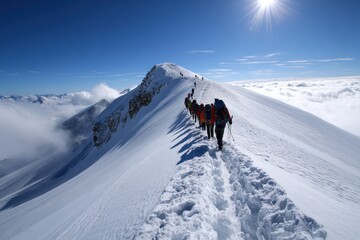Climbers ascend a snow-covered mountain peak under a clear blue sky