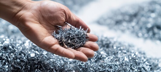 The Metal Shavings in a Hand Over a Pile of Shiny Steel Chips