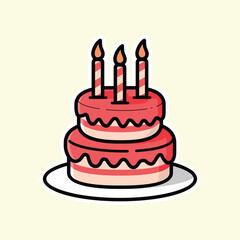 Cartoon birthday cake vector for celebration. Cute party dessert with three candles and pink icing glaze. Sweet food illustration. Simple pastry graphic.