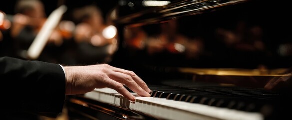 The Piano In A Concert Closeup Showing Expressive Hands And Orchestra In Background