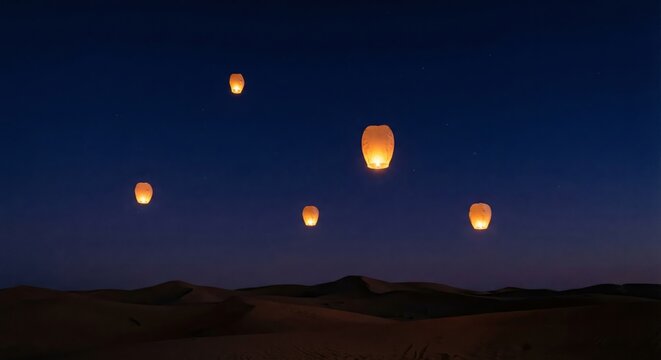 Sky Lanterns Floating Over Desert Landscape at Night - Powered by Adobe