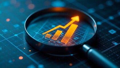 Magnifying glass highlights business growth chart with upward trend. Generative AI analysis financial success stock increase profit investment statistic performance market, created with generative ai