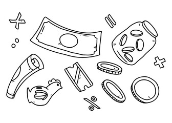 A black and white doodle illustration depicting various financial elements like money, coins, a piggy bank, and mathematical symbols.
