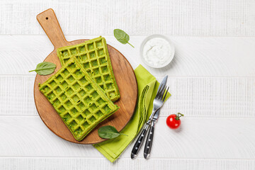 Green vegan spinach waffles top view
