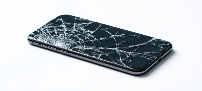The Smartphone with a Severely Cracked Screen Lying on a White Surface