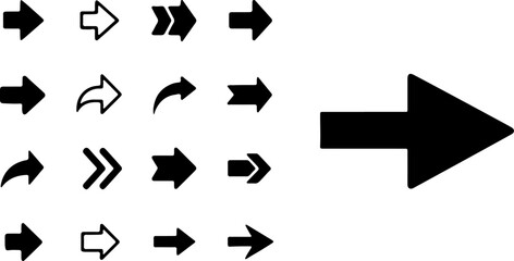 A collection of standard black arrow icons with a large pointer on the right. Vector illustration