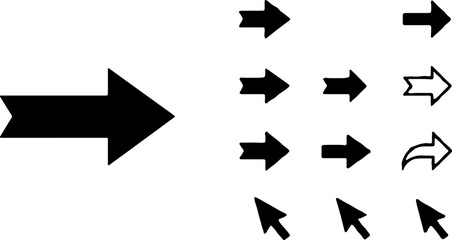 A collection of black vector arrows featuring ribbon-like tails and creative shapes. Vector illustration