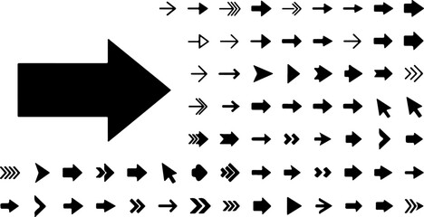 A large collection of various black directional arrows featuring a prominent pointer on the left. Vector illustration