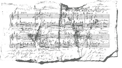Torn and weathered sheet music manuscript with dense handwritten musical notation and lyrical text, showing signs of age and wear, a historical document