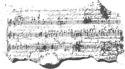 Damaged historical music manuscript featuring complex handwritten notation and faded text, a textured and artistic representation of musical heritage