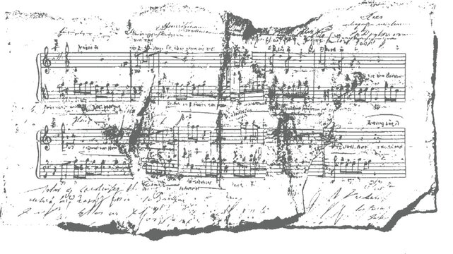 Torn and weathered sheet music manuscript with dense handwritten musical notation and lyrical text, showing signs of age and wear, a historical document