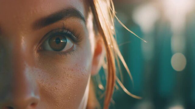 Detailed macro view of a woman's hazel eye with natural makeup and freckles reflecting an urban skyline through a clear glass surface in soft