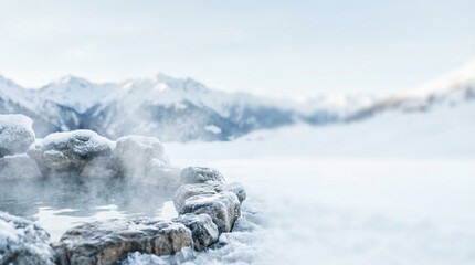 雪山を望む露天風呂と立ち上る湯けむり