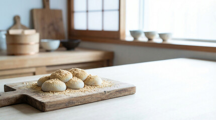 和室に置かれたきな粉をまぶした手作り餅菓子