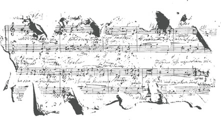 Antique torn sheet music with handwritten musical notation and clefs on a white background, evoking a sense of history and artistic heritage