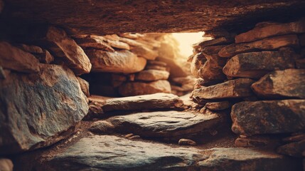 Light filters through openings in layered stone structures, highlighting a passage with rough terrain and an open area.