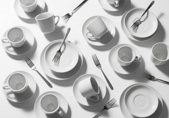 Collection of white ceramic cups and saucers with forks