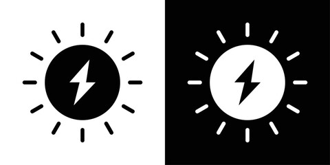 Sun energy icon in solid fill style, displayed in black on white and white on black background. Ideal for solar power visuals, renewable systems, and eco-friendly concepts. © Vector Studio