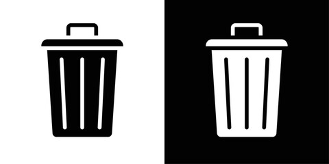Trash bin icon in solid fill style, shown in black on white and white on black background. Suitable for waste management, delete actions, and cleaning interfaces.