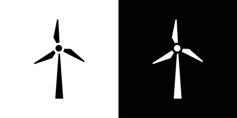 Wind turbine icon in solid fill style, shown in black on white and white on black background. Suitable for renewable energy visuals, sustainability graphics, and green power concepts. © Vector Studio