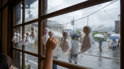 雨の日に窓辺で揺れるてるてる坊主を触る子供の手