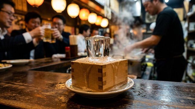 居酒屋のカウンターで溢れる日本酒の升酒