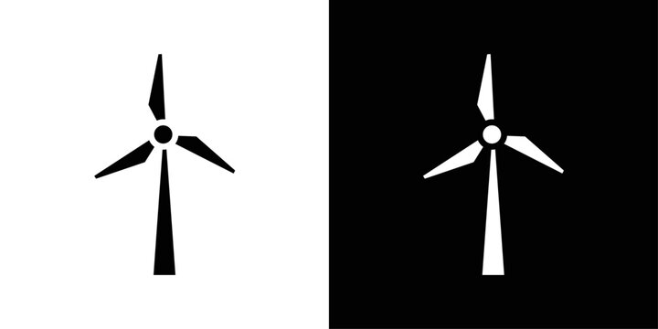 Wind turbine icon in solid fill style, shown in black on white and white on black background. Suitable for renewable energy visuals, sustainability graphics, and green power concepts.