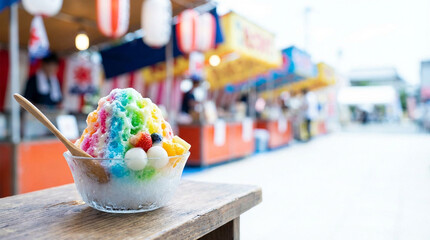 夏祭りの屋台で輝くカラフルなかき氷