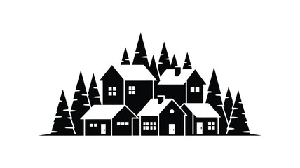 Fototapeta premium Charming village nestled amongst pine trees a captivating black silhouette