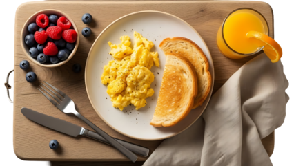 Scrambled Eggs Breakfast with Toast, Berries, and Orange Juice, Overhead View, Isolated on Transparent Background