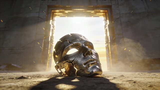 Cinematic dystopian scene featuring a giant metallic mask symbolizing oppression, cracked and broken on the ground. Behind it, a wide luminous gateway opens into a bright horizon.