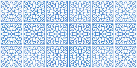 Tile seamless pattern with moroccan ornament. Square mosaic background with blue outline motif in mediterranean coastal style. White amalfi tile with blue ornament, vector illustration © PollyVa