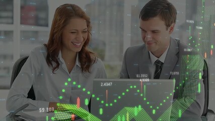 Animation of data processing over caucasian businessman and businesswoman discussing at office