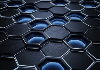 Dark hexagonal geometric pattern with glowing blue light in the center
