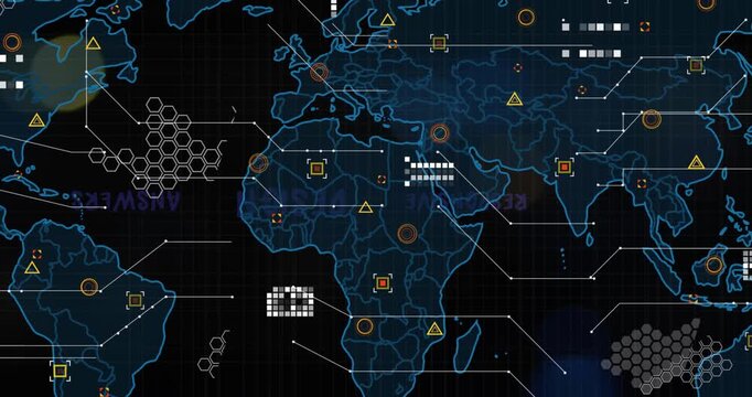 Animation of connected dots and map with responsive, design and answer text over lens flares