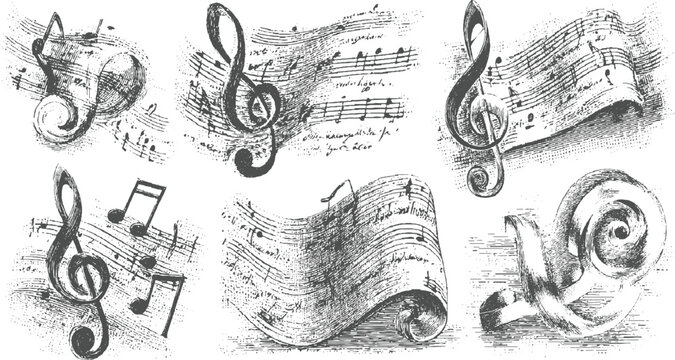 Vintage musical notations and treble clefs rendered in a detailed style on a white background creating an artistic and classic composition