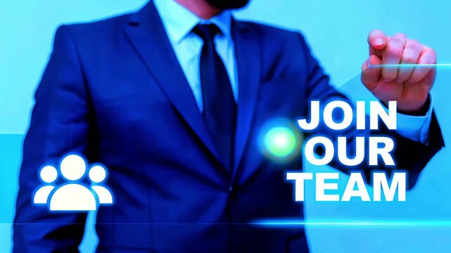 Professional businessman in a sharp blue suit extends his hand toward a bright blue digital call to action graphic encouraging viewers to join the corporate team immediately.