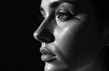Naklejka premium Dramatic photo of woman face side. Black and white portrait with sharp contrast. Face covered in water drops. Intense emotion depicted in the eyes. Beauty and skin detail are visible.