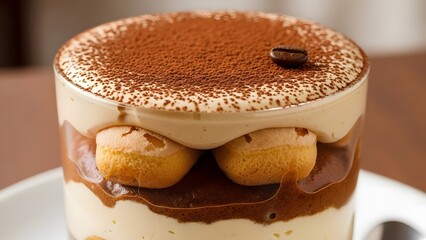 Elegant tiramisu dessert in a glass with layered cream and espresso-soaked ladyfingers topped with cocoa powder.