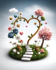 Romantic Abundance Compass, Whimsical Heart-Shaped Garden with Blossoming Trees and Pathway, Heart-Centered Financial Path