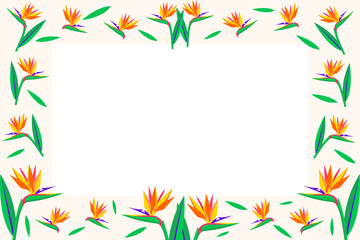 Obraz premium Exotic tropical flower frame with copy space. Summer background featuring bird of paradise and green leaves. Vector flat design border for holiday greeting card or travel agency poster.